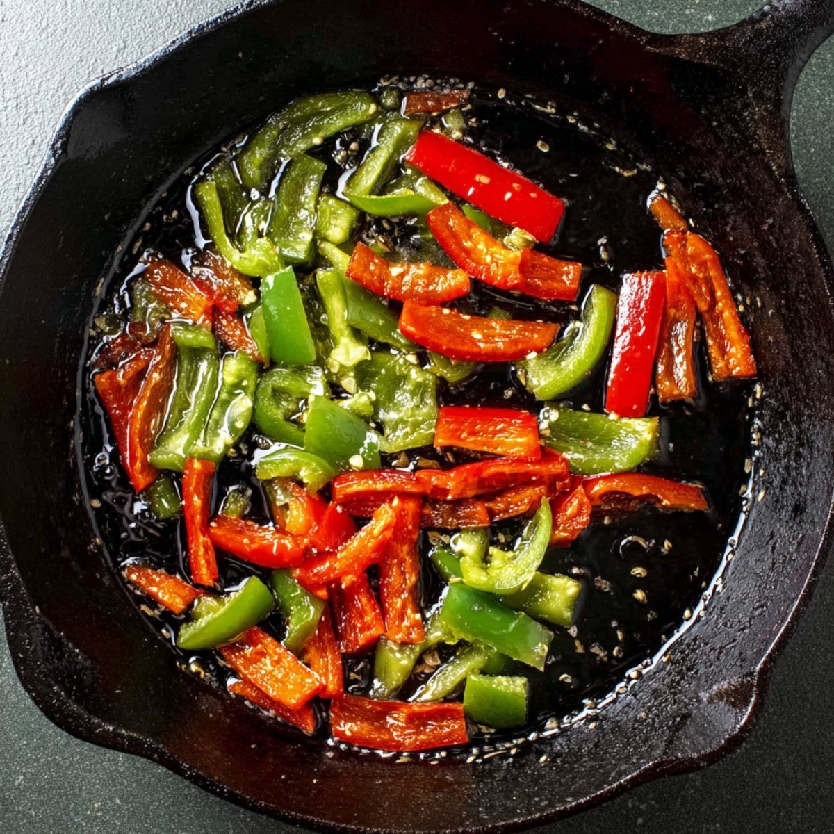 Sliced red and green peppers sautéing in oil in a cast iron skillet, viewed from above.