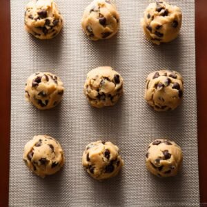 Chocolate chip cookie dough balls spaced on a lined baking sheet before baking