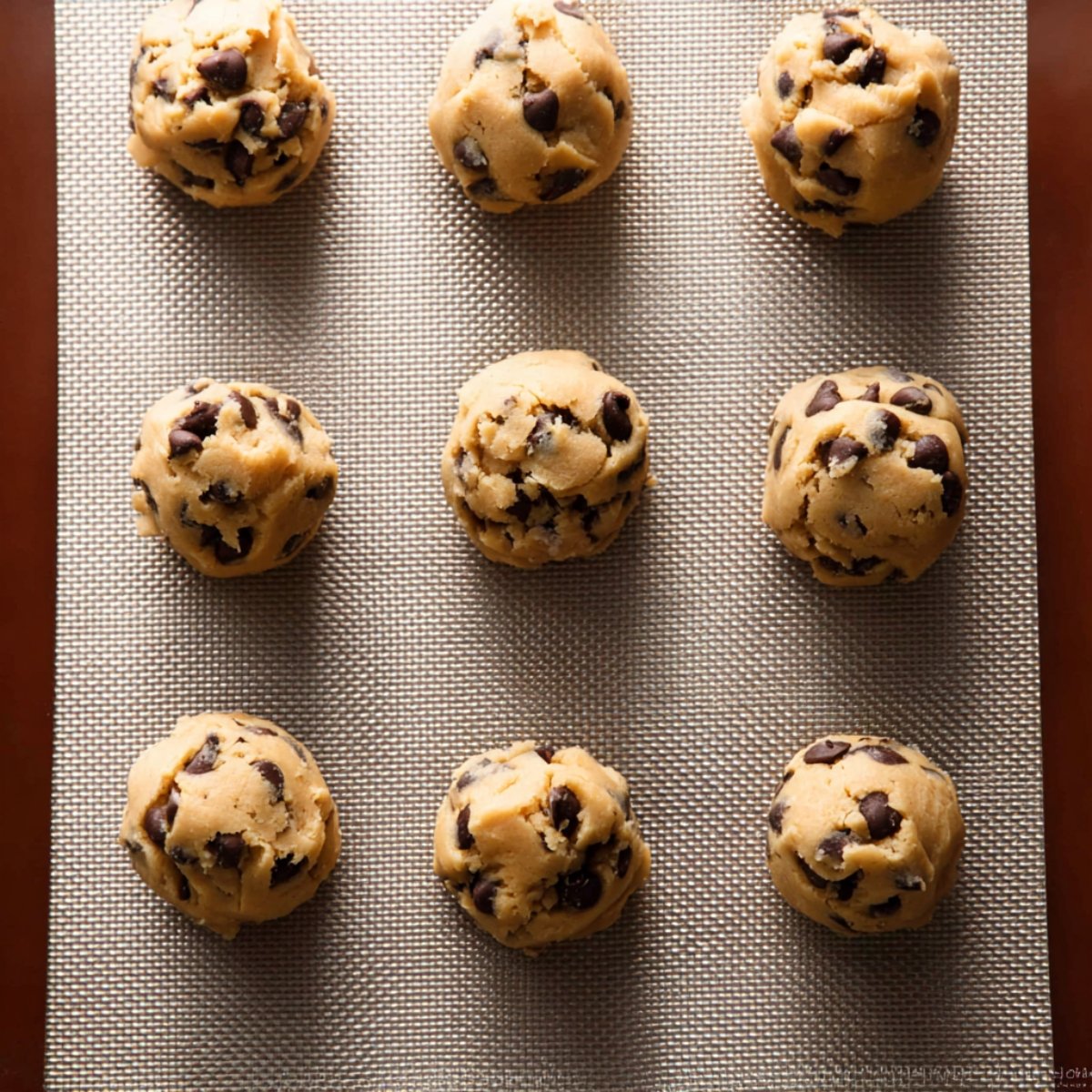 Chocolate chip cookie dough balls spaced on a lined baking sheet before baking