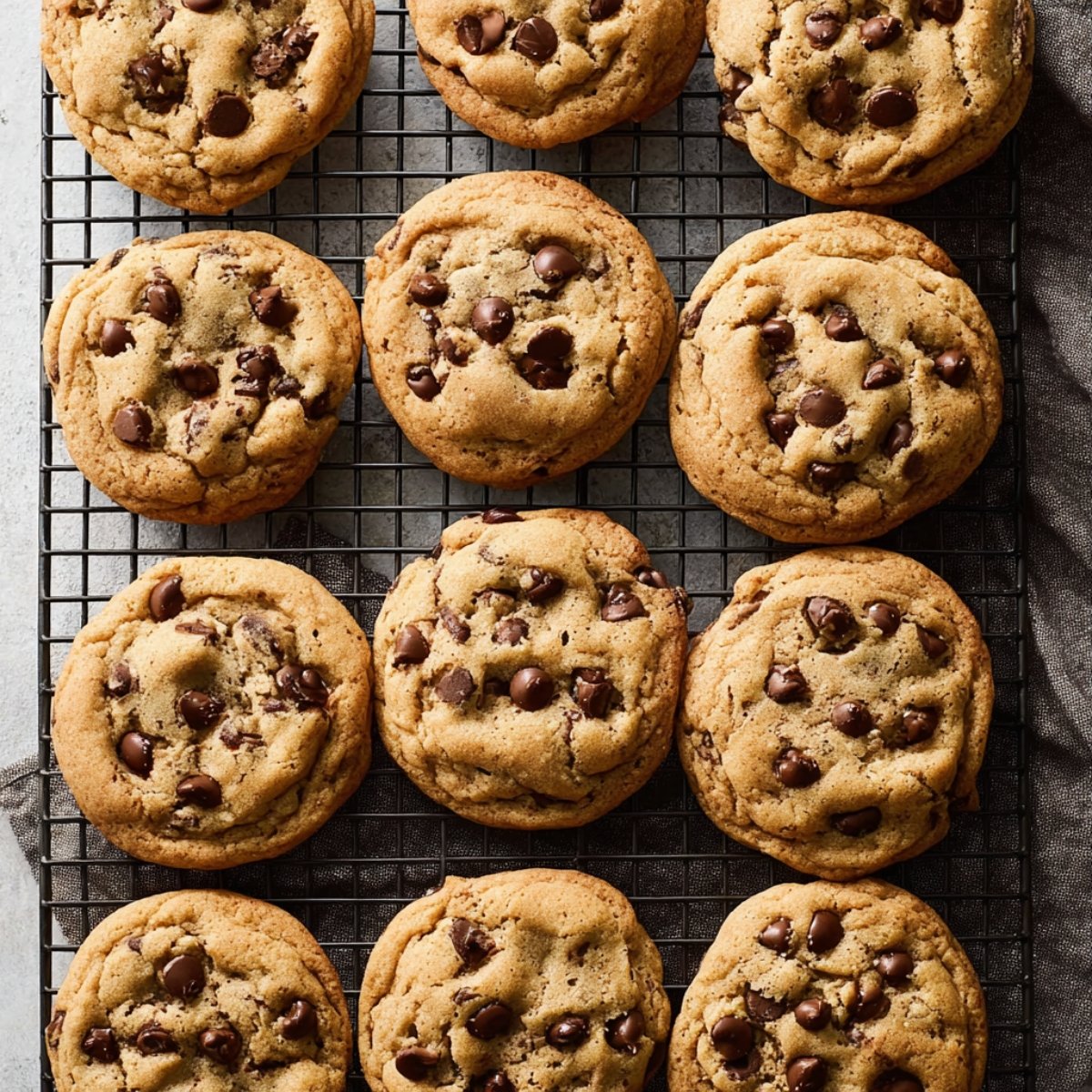 Freshly baked chewy chocolate chip cookies cooling on a wire rack