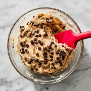 Chocolate chip cookie dough mixed in a glass bowl with a red spatula