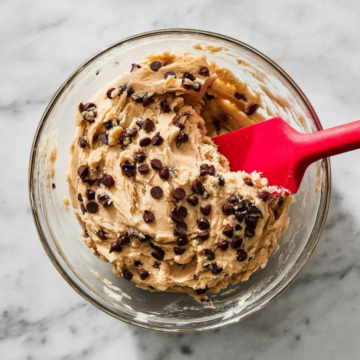 Chocolate chip cookie dough mixed in a glass bowl with a red spatula