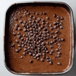 An overhead view of brownie batter spread out in a baking pan, sprinkled generously with chocolate chips. The thick, smooth batter glistens, and the chocolate chips are scattered just before the batter is ready for the oven.