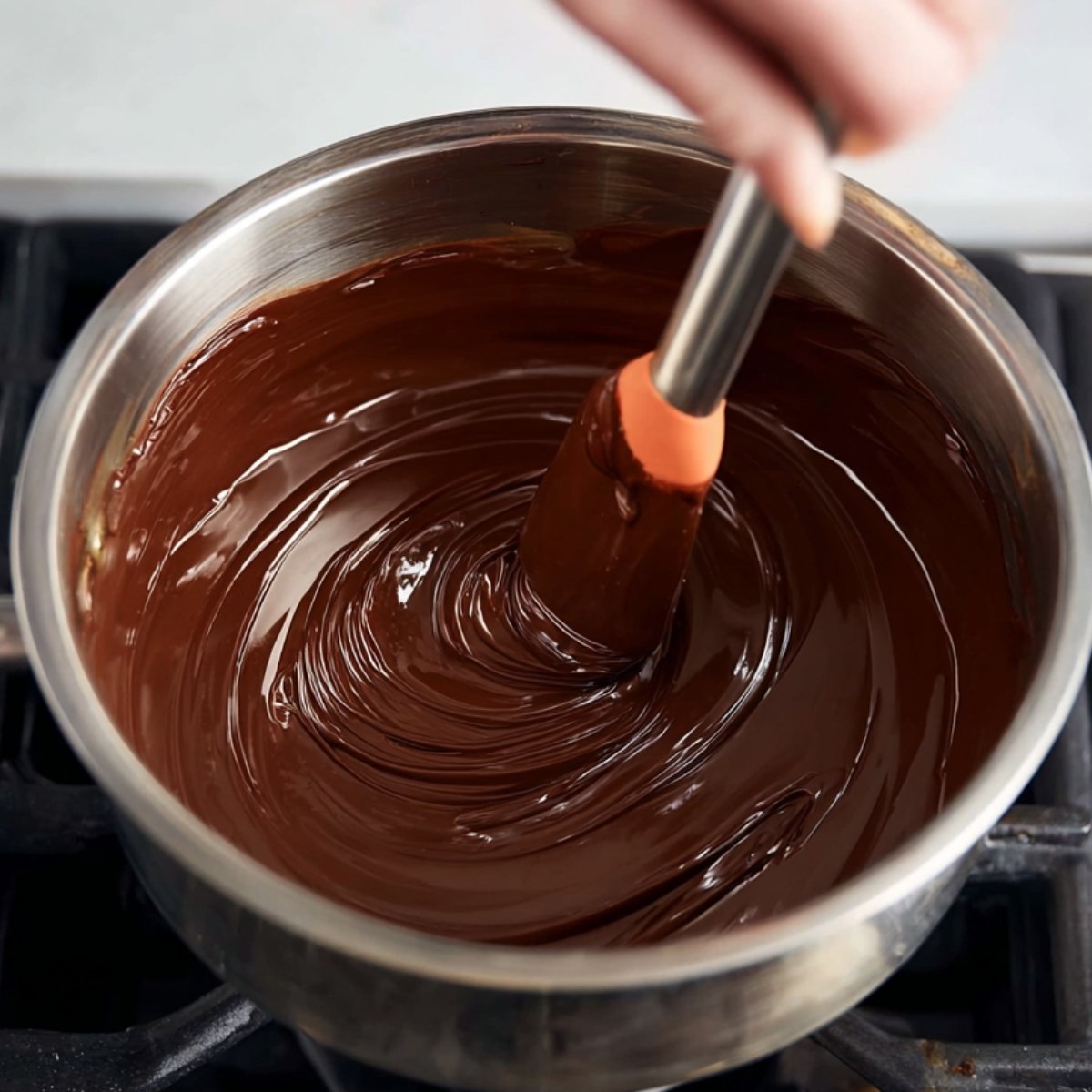 A hand gently stirring melted chocolate in a bowl placed over a stove, the chocolate turning silky smooth as it melts. The focus is on the smoothness and consistency of the chocolate, ready to be combined into the brownie mix.