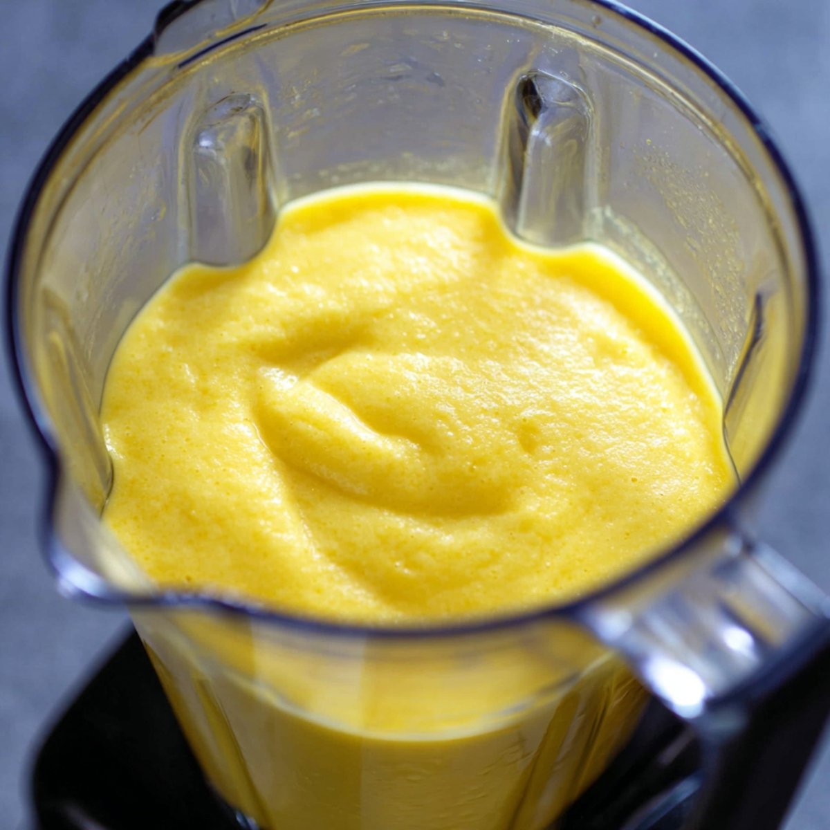 A blender filled with creamy, bright yellow pineapple smoothie, showing a smooth, thick texture.