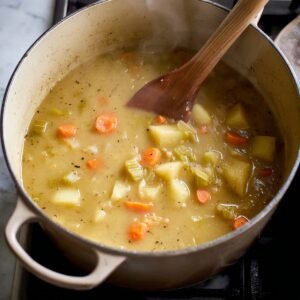 Homemade potato soup simmering in a large pot with chunks of potatoes, carrots, and celery, stirred with a wooden spoon.