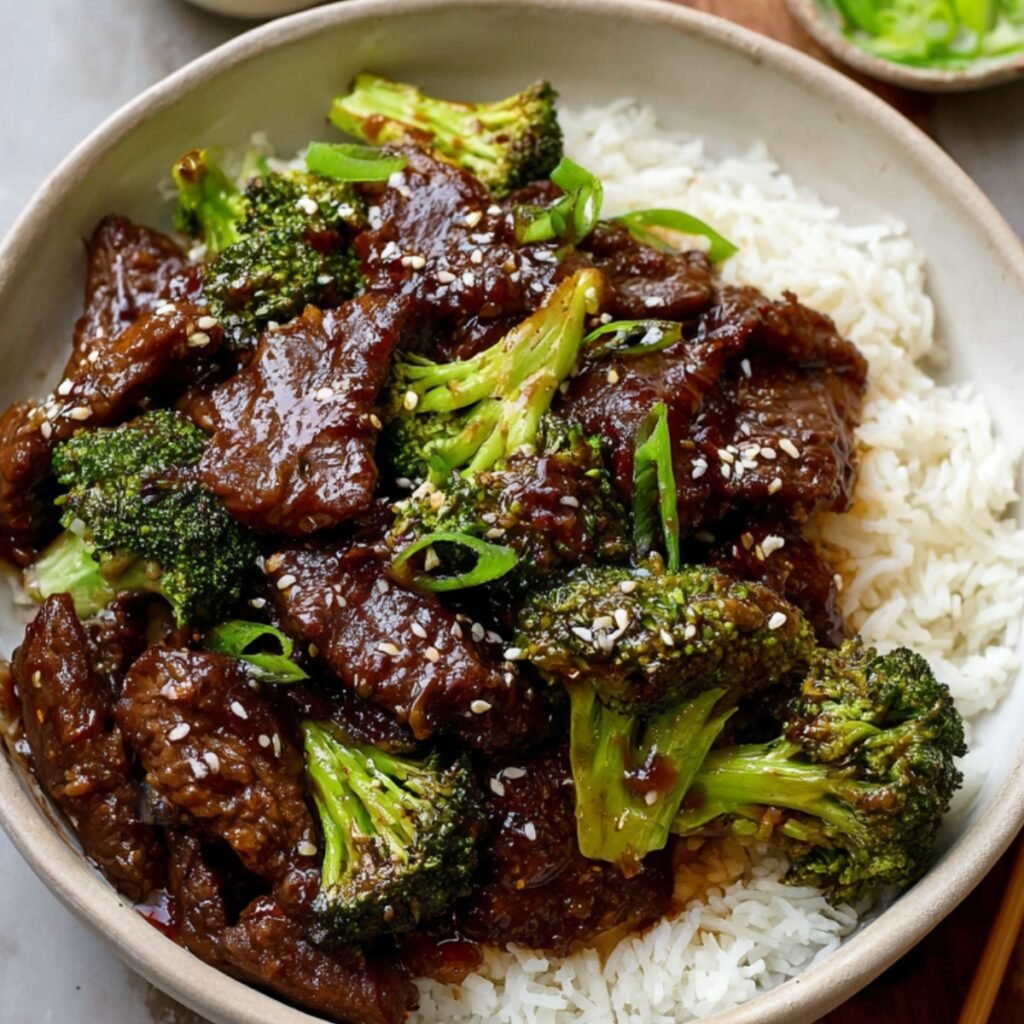 Beef and Broccoli A bowl of beef and broccoli stir-fry served over white rice, with tender beef pieces coated in a glossy sauce and bright green broccoli florets. The dish is garnished with sesame seeds and accompanied by chopsticks, with small bowls of sauce and sliced green onions in the background