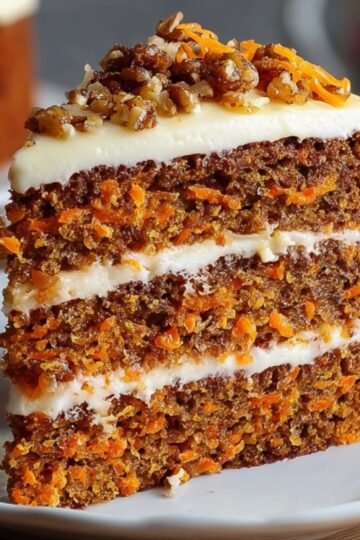 Carrot Cake Recipe A beautiful slice of moist carrot cake with layers of creamy frosting, topped with crushed walnuts for a delightful finish.