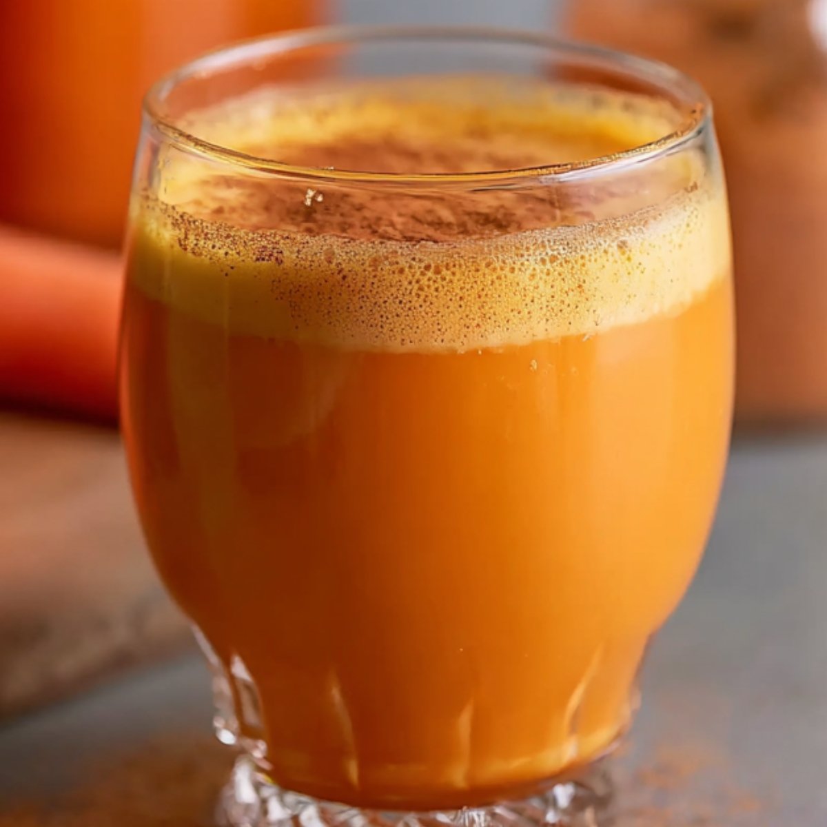 Carrot Juice Recipe A glass of freshly made Caribbean carrot juice topped with a sprinkle of cinnamon, creating a warm and inviting look. The orange juice contrasts beautifully with the cinnamon dust, and the jar of juice is visible in the background.