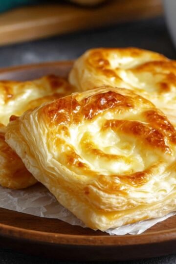 Cheese Danish Recipe Serve your freshly baked cheese danish on a plate with a cup of coffee for the perfect morning treat. The golden, flaky puff pastry is perfectly complemented by the rich, creamy cheese filling inside. Enjoy the warm, buttery flavor that melts in your mouth, making it a delicious and satisfying snack or breakfast."