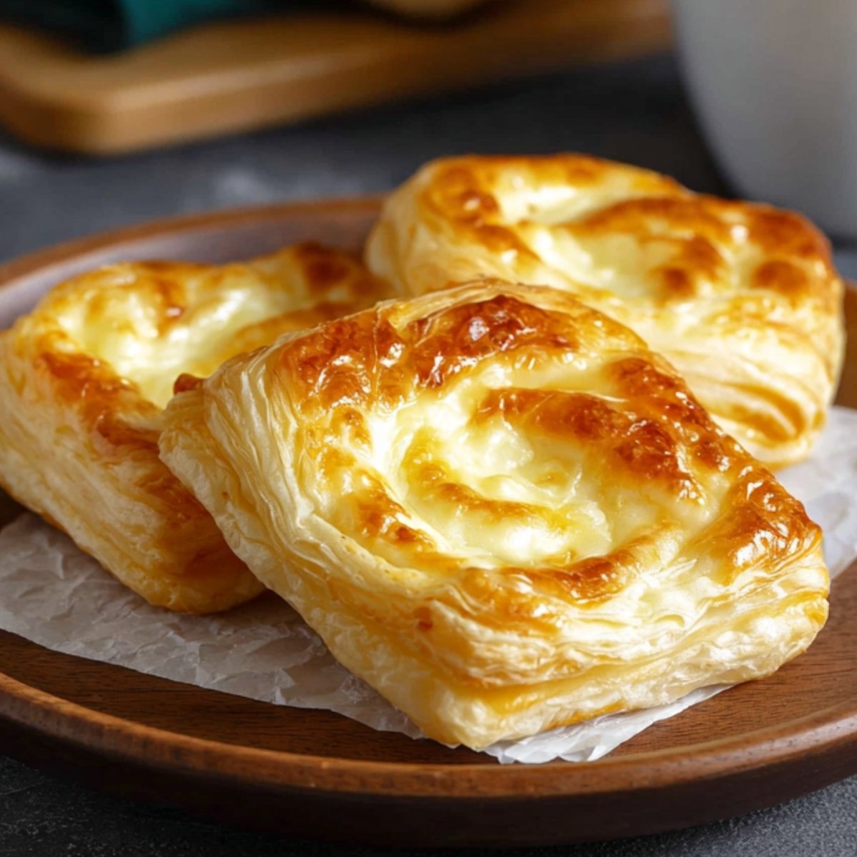 Cheese Danish Recipe Serve your freshly baked cheese danish on a plate with a cup of coffee for the perfect morning treat. The golden, flaky puff pastry is perfectly complemented by the rich, creamy cheese filling inside. Enjoy the warm, buttery flavor that melts in your mouth, making it a delicious and satisfying snack or breakfast."