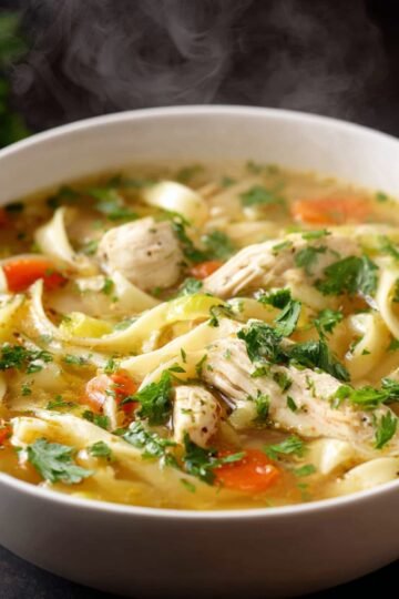 Chicken Noodle Soup A steaming bowl of chicken noodle soup, garnished with fresh parsley, showcasing tender chicken, noodles, and vegetables.