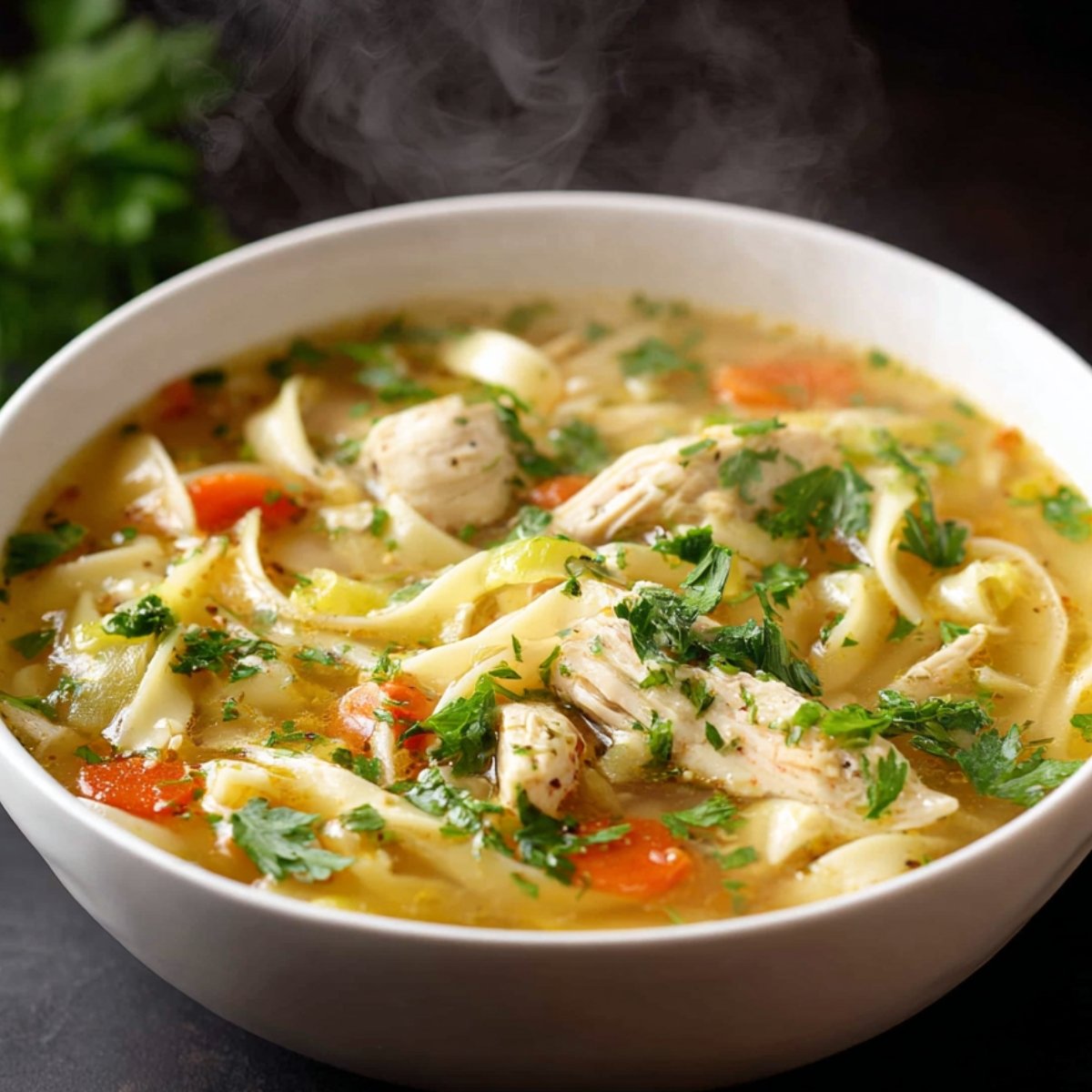 Chicken Noodle Soup A steaming bowl of chicken noodle soup, garnished with fresh parsley, showcasing tender chicken, noodles, and vegetables.