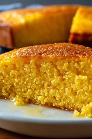 Cornbread Recipe A close-up of a slice of cornbread with a golden top and a moist, soft texture on the inside. The perfect combination of a crispy crust and tender crumb, ready to be enjoyed.