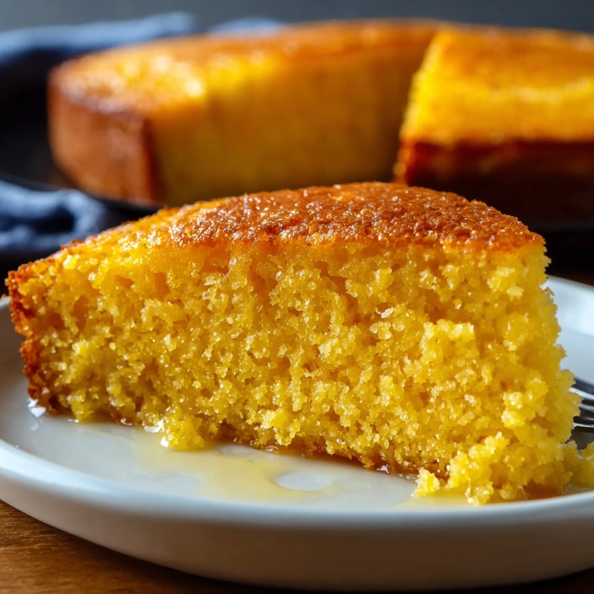 Cornbread Recipe A close-up of a slice of cornbread with a golden top and a moist, soft texture on the inside. The perfect combination of a crispy crust and tender crumb, ready to be enjoyed.