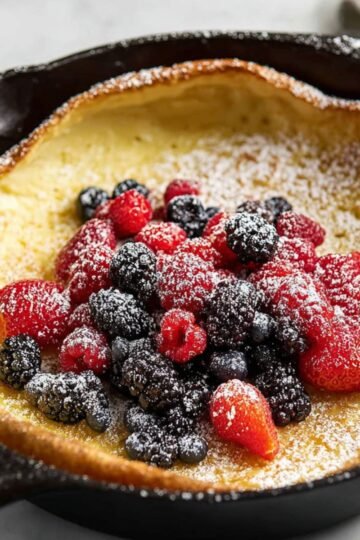 Dutch Baby A freshly baked Dutch Baby pancake in a cast iron skillet, topped with a mix of fresh berries and a dusting of powdered sugar. The golden edges of the pancake are perfectly puffed, making it an inviting and delicious breakfast or brunch treat.