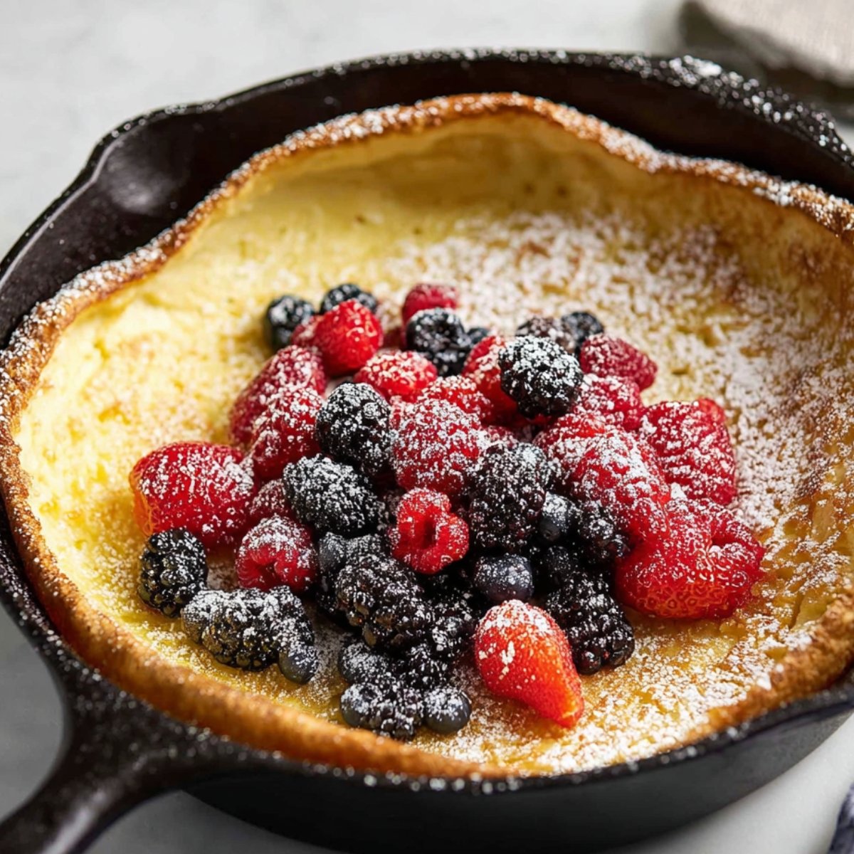 Dutch Baby A freshly baked Dutch Baby pancake in a cast iron skillet, topped with a mix of fresh berries and a dusting of powdered sugar. The golden edges of the pancake are perfectly puffed, making it an inviting and delicious breakfast or brunch treat.