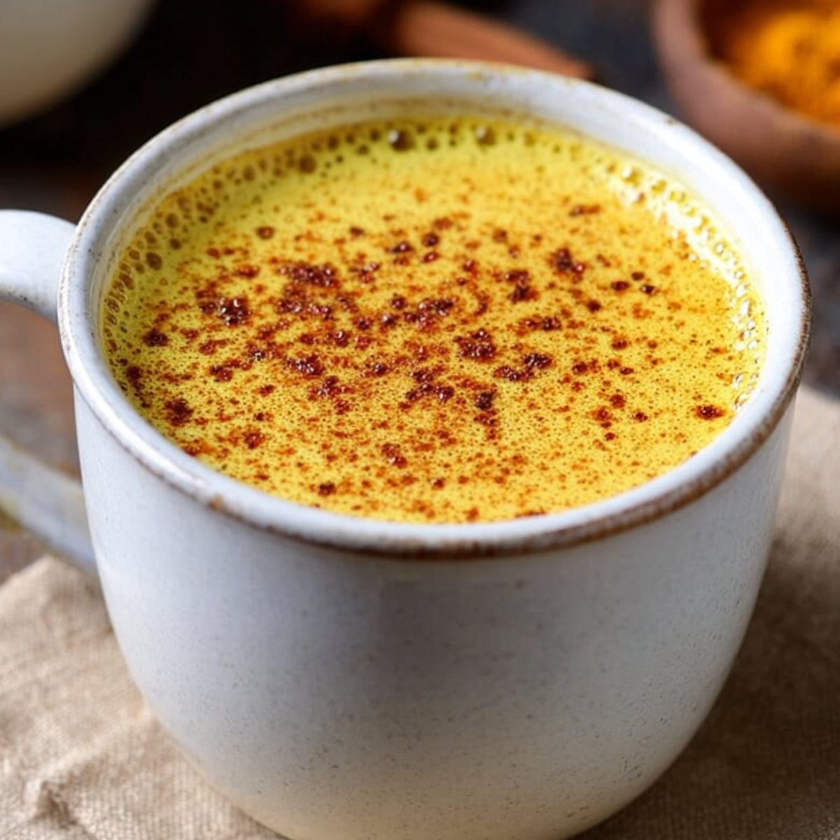 Golden Milk Recipe A cozy cup of golden milk, sprinkled with cinnamon on top, served in a white mug.