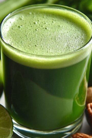 Green Juice Recipe A refreshing green juice served in a clear glass jar with frothy bubbles at the top