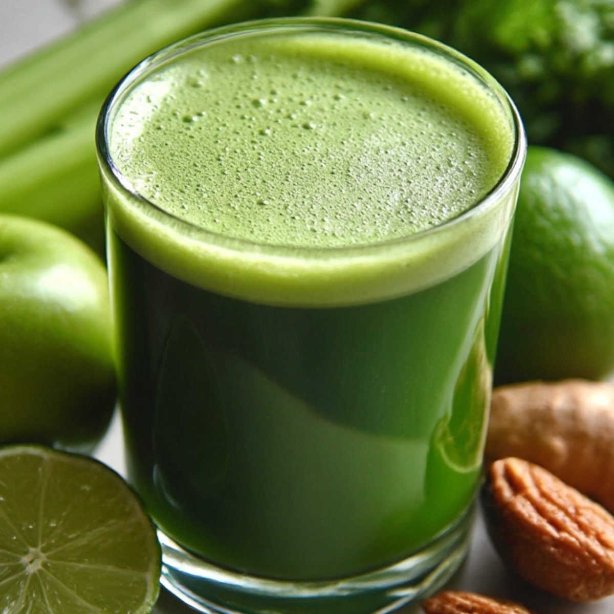 Green Juice Recipe A refreshing green juice served in a clear glass jar with frothy bubbles at the top