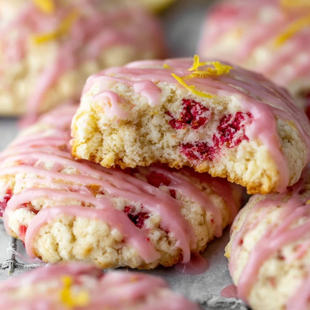 Lemon Raspberry Cookies A close-up of freshly baked lemon raspberry cookies, drizzled with pink glaze and garnished with lemon zest. Some cookies have bites taken out, revealing the soft inside with raspberry chunks