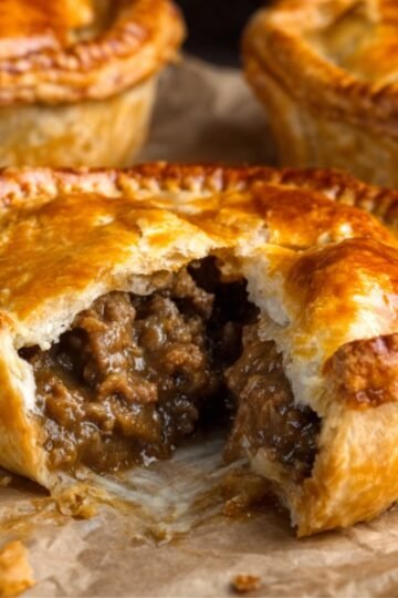 Meat Pie Recipe A pot filled with beef and mushroom stew, with fresh parsley sprinkled on top, and a wooden spoon stirring the rich, savory mixture.