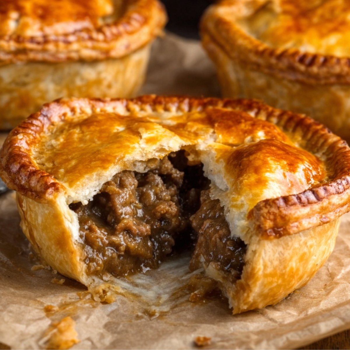 Meat Pie Recipe A pot filled with beef and mushroom stew, with fresh parsley sprinkled on top, and a wooden spoon stirring the rich, savory mixture.