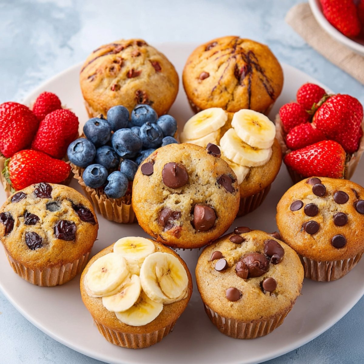 Pancake Muffins A plate of freshly baked muffins with different toppings such as strawberries, blueberries, chocolate chips, and banana slices, arranged beautifully on the plate.