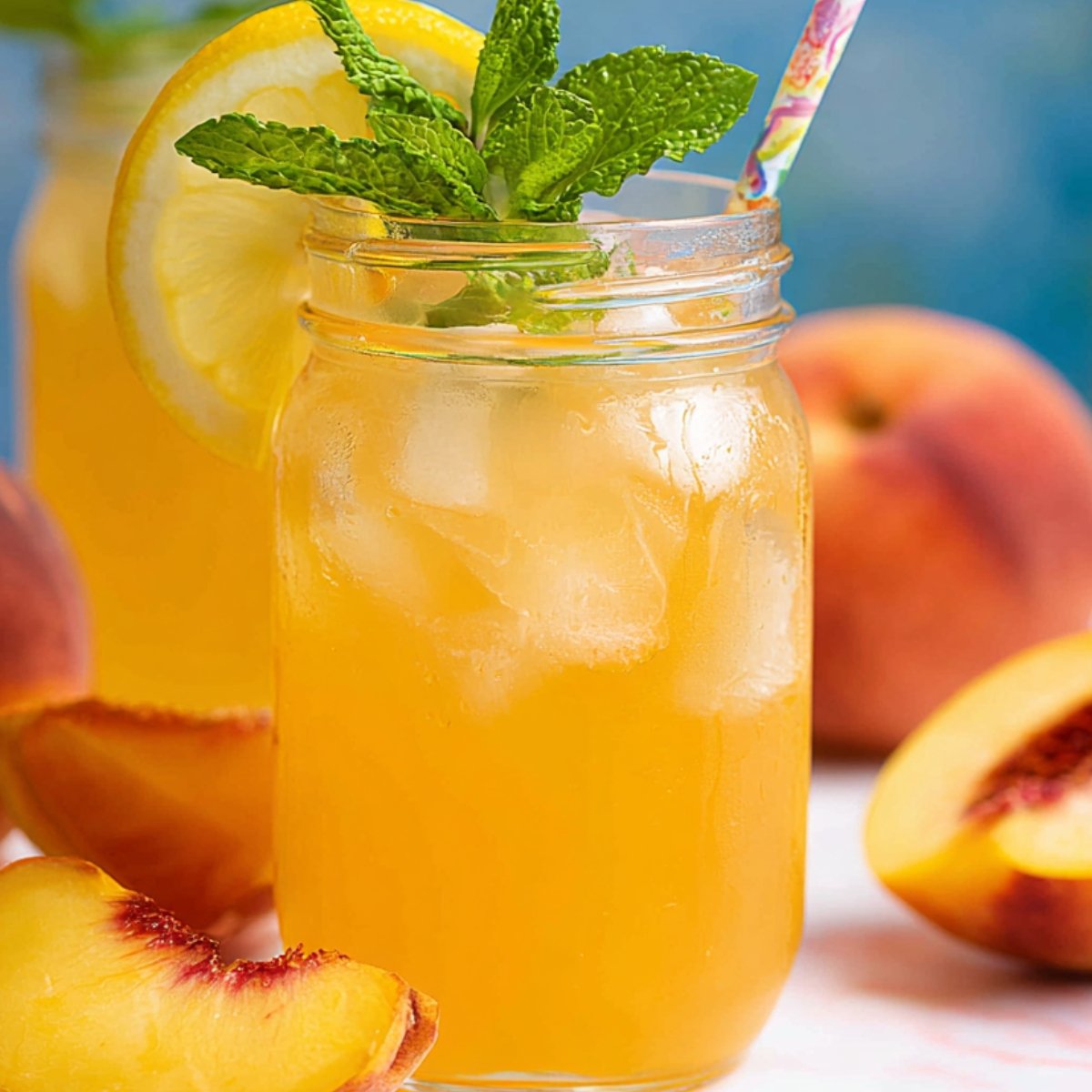 Peach Lemonade A mason jar of peach lemonade garnished with a lemon slice and fresh mint, with a straw, alongside fresh peach slices, creating a summery, refreshing scene.