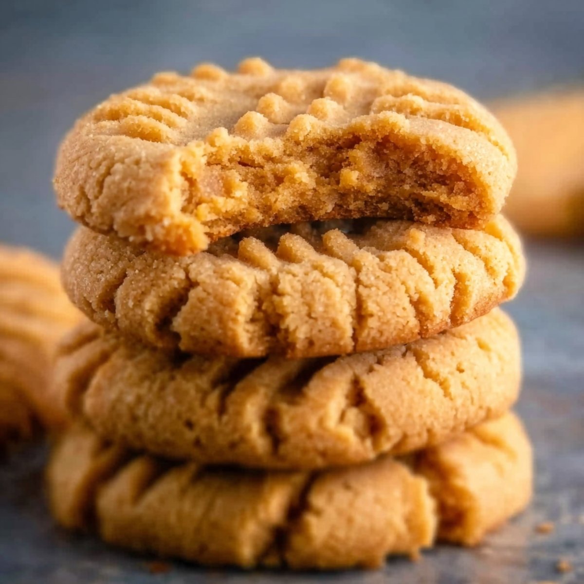 Peanut Butter Cookies A close-up stack of peanut butter cookies, golden brown with fork-pressed ridges; the top cookie is broken in half, showing a soft, crumbly interior against a neutral background.