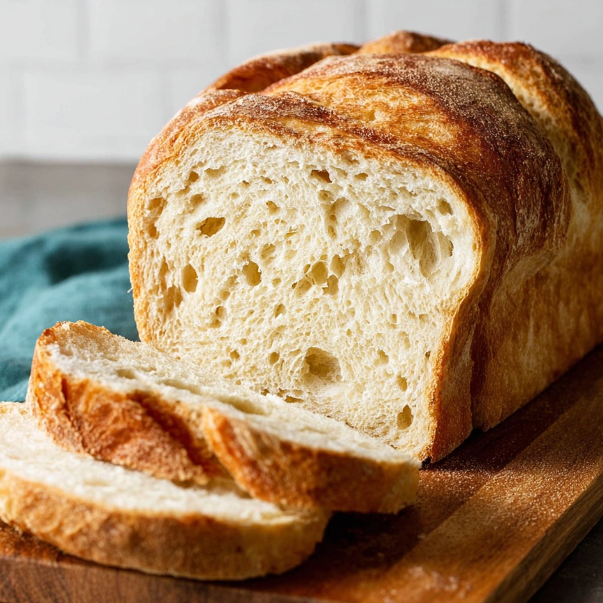 Sourdough Bread A freshly baked loaf of bread is sliced, showing a soft and airy crumb with large air pockets inside.