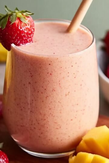 Strawberry Mango Smoothie A refreshing strawberry mango smoothie served in a glass with a straw, surrounded by fresh strawberries, mango chunks, and placed on a wooden board.