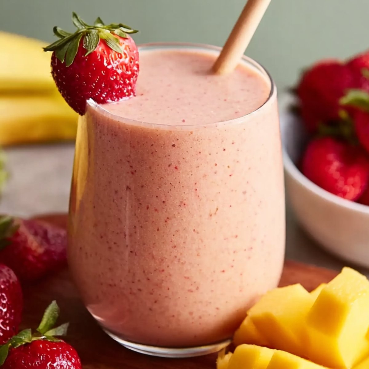 Strawberry Mango Smoothie A refreshing strawberry mango smoothie served in a glass with a straw, surrounded by fresh strawberries, mango chunks, and placed on a wooden board.