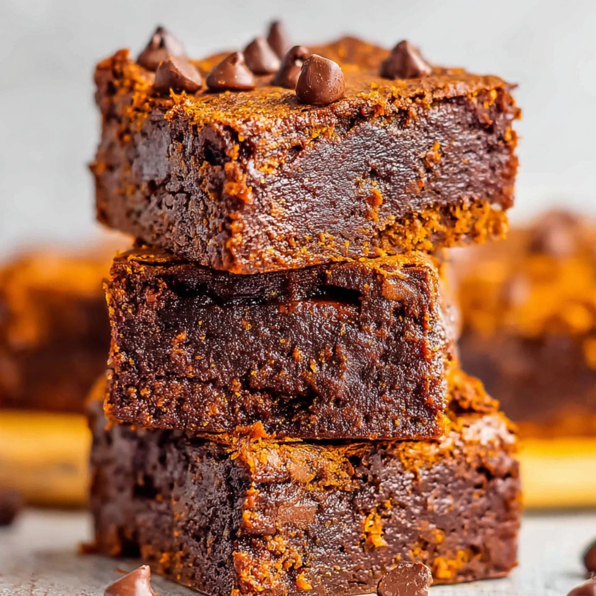 Sweet Potato Brownies A stack of perfectly baked sweet potato brownies, showcasing their rich, fudgy texture and dotted with chocolate chips for a decadent treat.