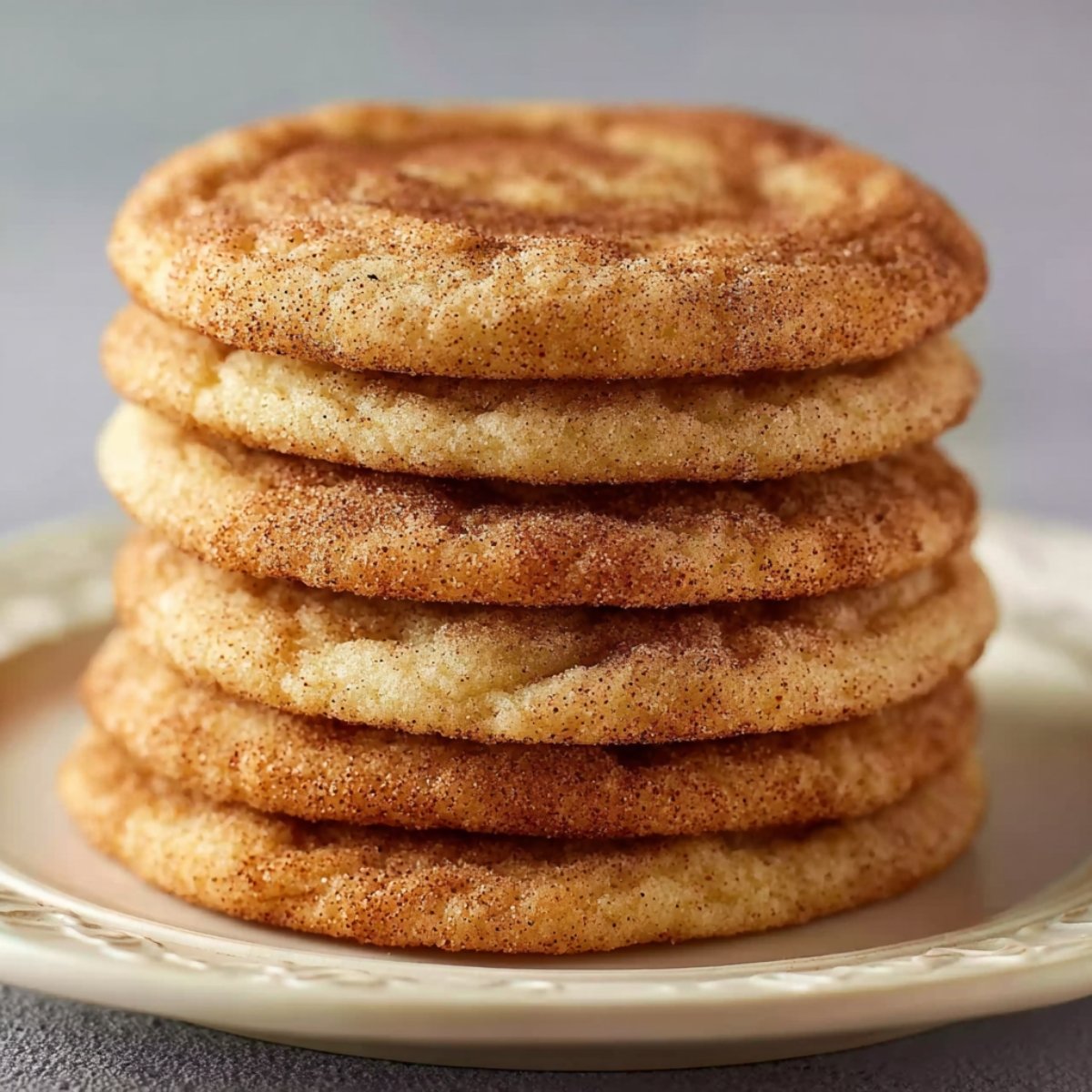 snickerdoodle cookies A stack of delicious, freshly baked snickerdoodle cookies, golden and coated with cinnamon sugar, stacked neatly on a plate.