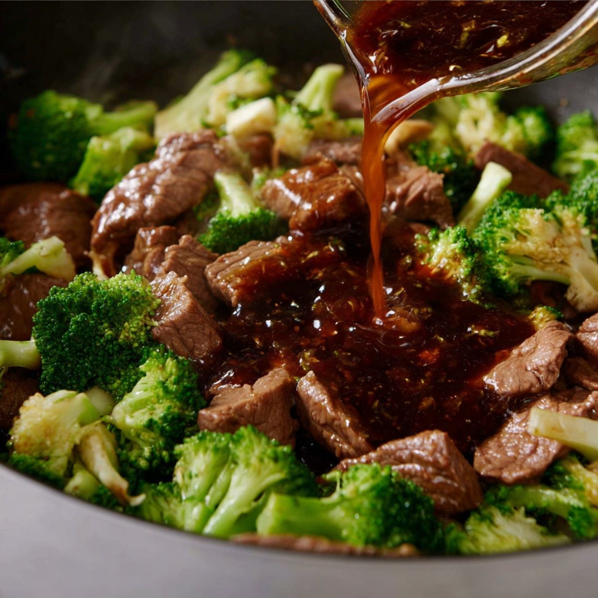 A pan of beef and broccoli with a dark sauce being poured over the top. The beef is cut into bite-sized pieces, and the broccoli is vibrant green. The sauce is thick and glossy, coating the beef and broccoli