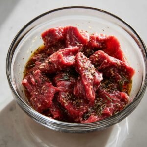 Raw beef strips marinated in a dark, flavorful sauce, placed in a glass bowl. The beef is red and covered in the marinade, with visible spices and herbs. The bowl rests on a light-colored surface.