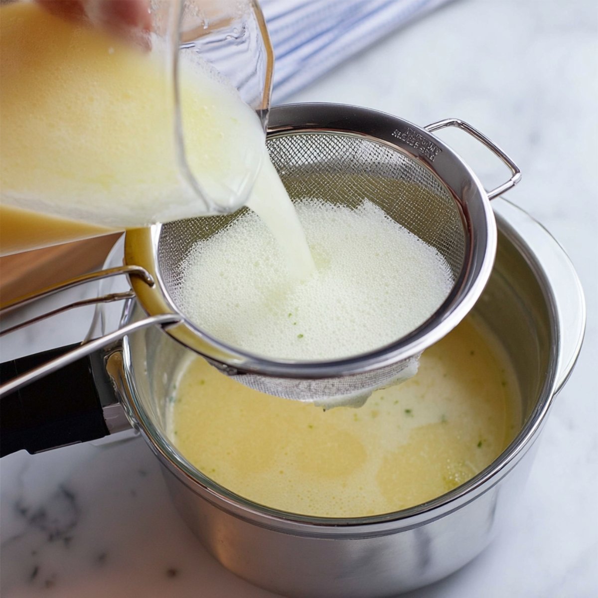 Straining the Brazilian lemonade mixture into a bowl using a fine mesh strainer.