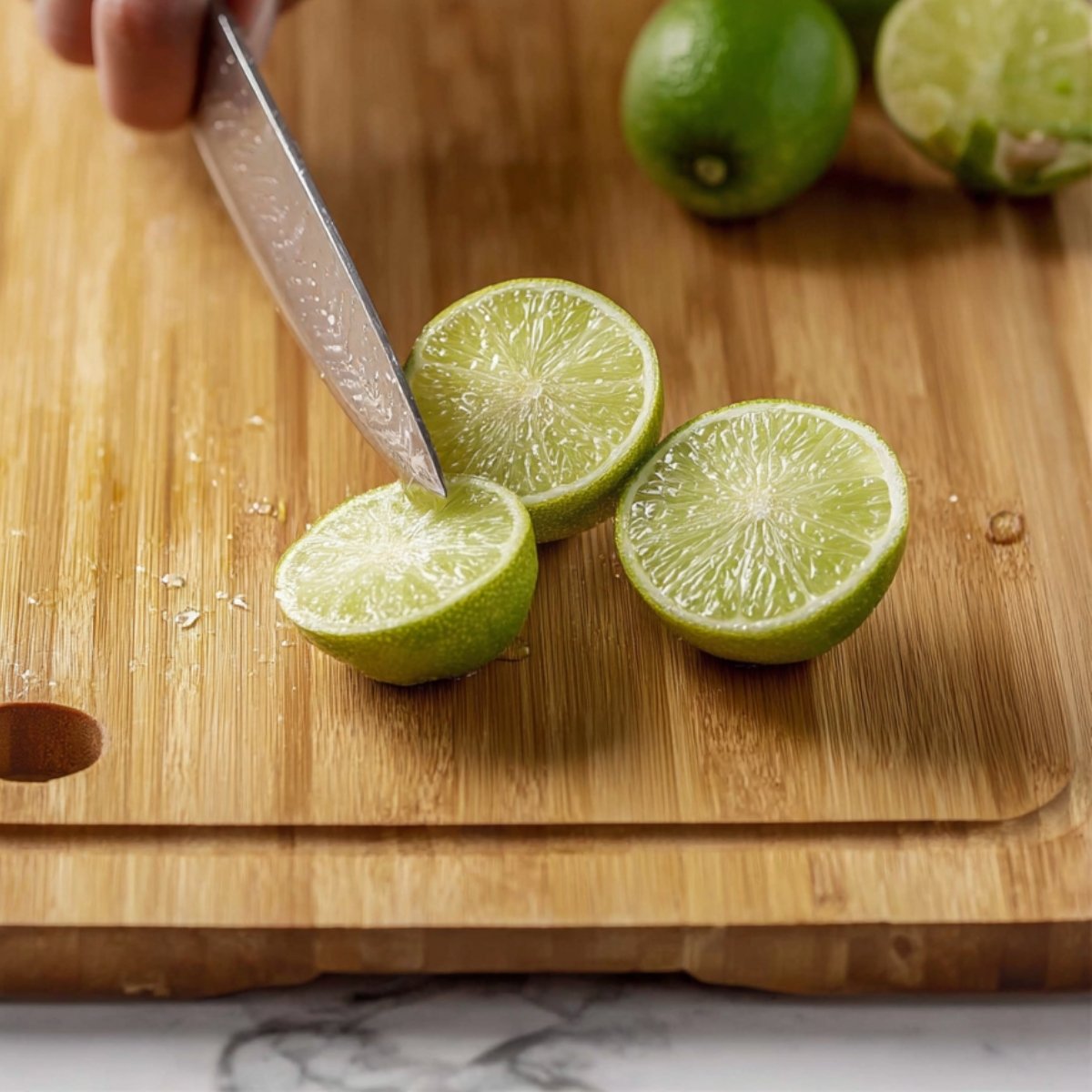 A cutting board with a hand slicing fresh limes to prepare Brazilian lemonade.