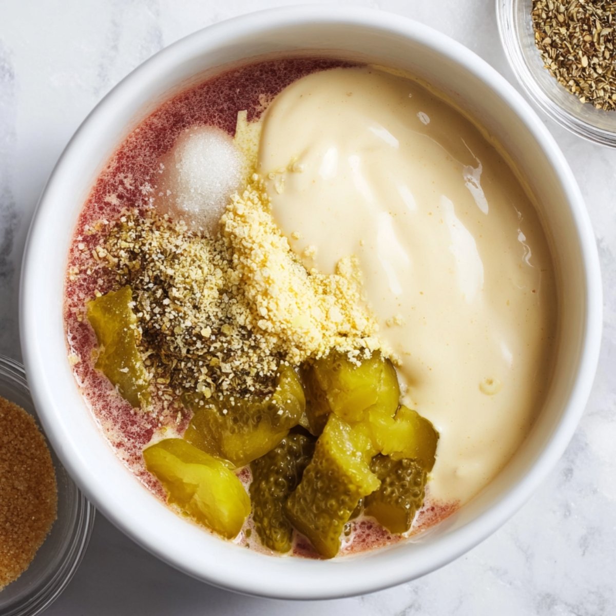 A close-up shot of creamy dressing ingredients in a bowl, with mustard, pickles, and seasonings ready to be mixed into a flavorful dressing