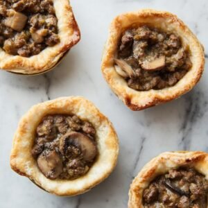 Mini savory pies filled with a hearty mixture of ground beef and mushrooms, with a crisp and golden pie crust surrounding the filling, displayed on a marble countertop