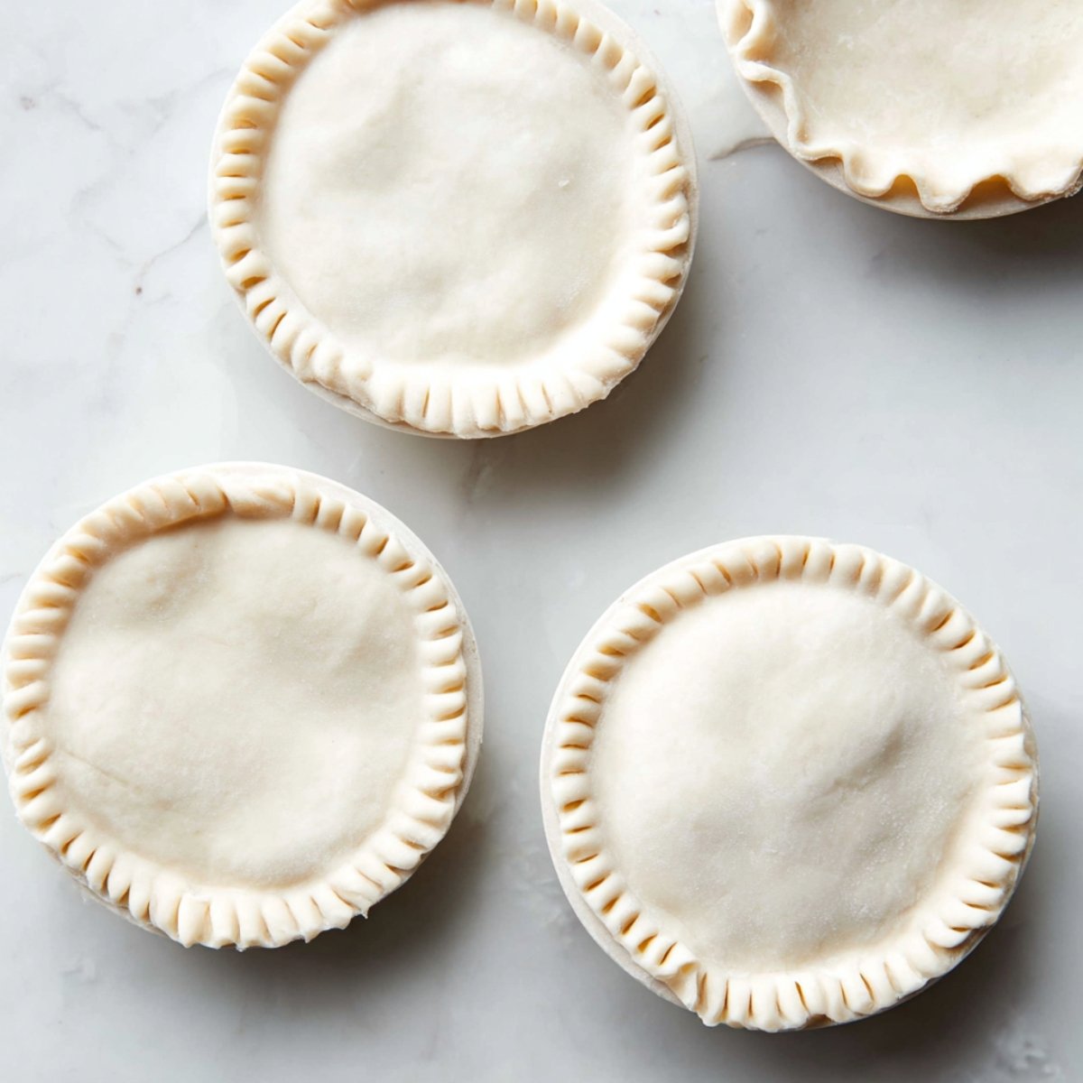 Close-up shot of several unbaked mini pies with smooth, untextured dough tops and crimped edges, sitting on a marble surface