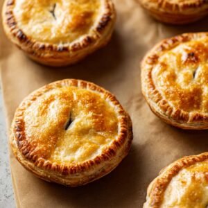Golden-brown, freshly baked mini pies with a glossy, perfectly puffed pastry crust, placed on parchment paper with a neat surface.