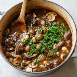 A golden meat pie with flaky, crispy crust partially cut open to reveal a savory, rich beef filling, sitting on parchment paper with a rustic, homemade look.