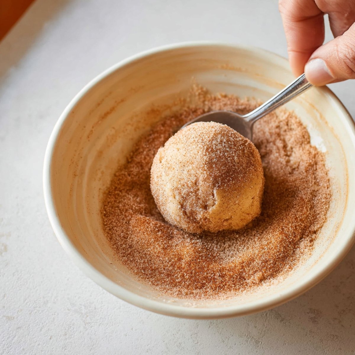A ball of snickerdoodle dough is being rolled in a cinnamon-sugar mixture, coating it evenly for that sweet, spiced finish.