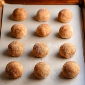 Perfectly rolled snickerdoodle cookie dough balls are arranged on a baking sheet, ready to be baked into golden, cinnamon-sugar cookies.