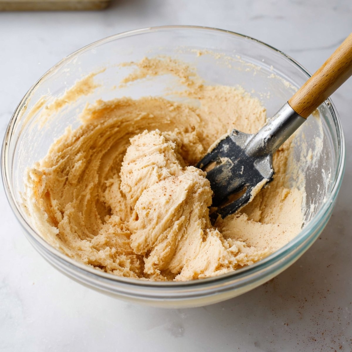 A creamy, buttery snickerdoodle dough is being mixed in a glass bowl, ready to be rolled into perfect cookie shapes.