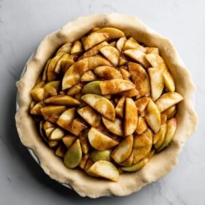 Pre-cooked apple pie filling arranged in a pie crust, with cinnamon-spiced apples stacked neatly, ready to be topped with another layer of dough for baking.