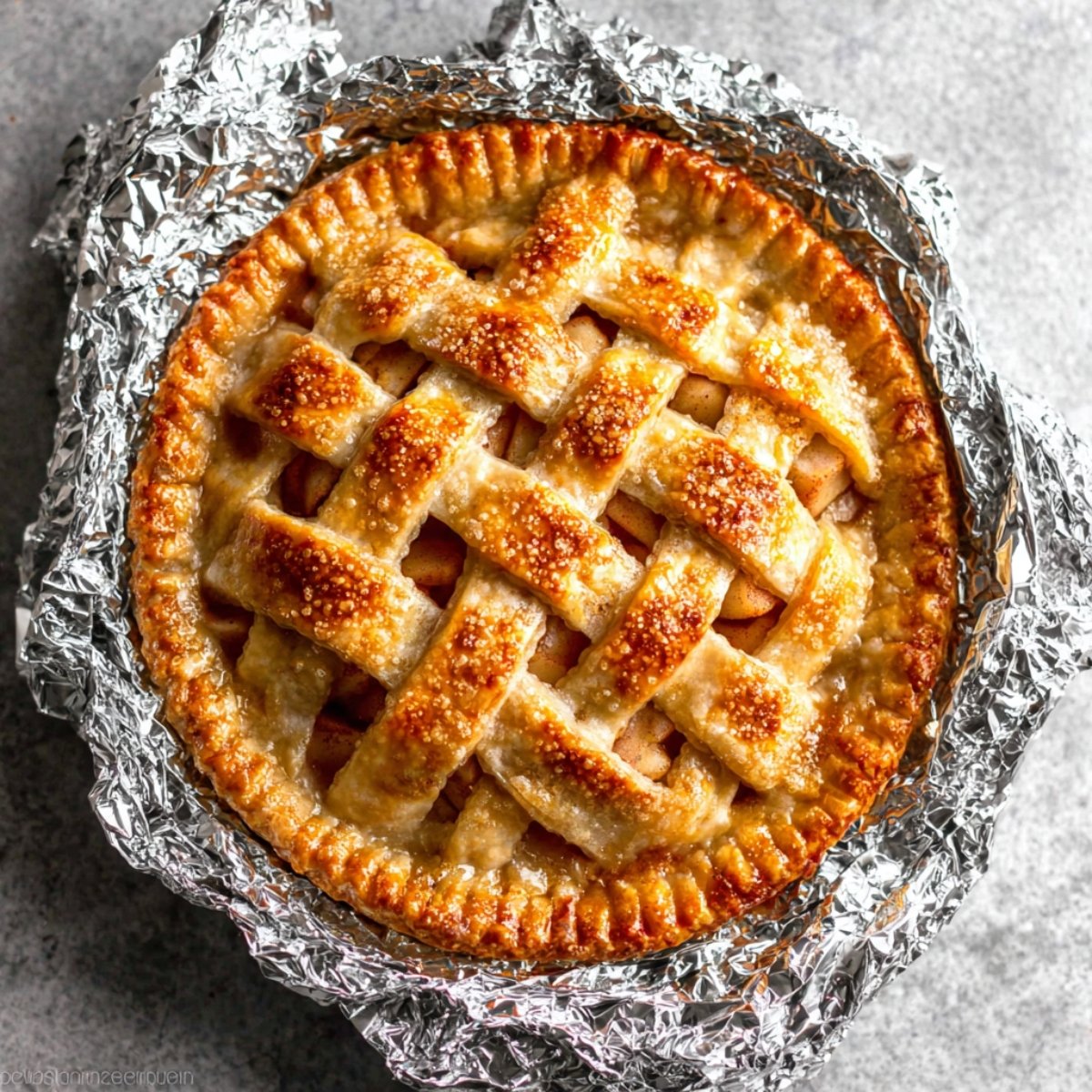 A freshly baked apple pie with a golden-brown lattice crust, partially wrapped in foil to prevent the edges from burning, showcasing a protective method for perfect pie crusts