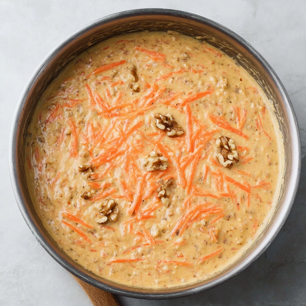 "A pan filled with creamy carrot cake batter, featuring fresh grated carrots and walnuts, ready to be baked into a delicious, moist treat."